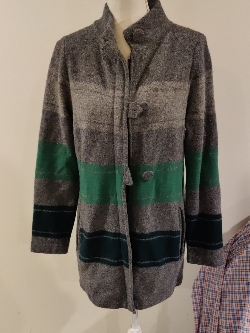 Pendleton Grey/Green Stripes Long Sleeve Lamb Wool Cardigan Y2K Retro Cottagecor